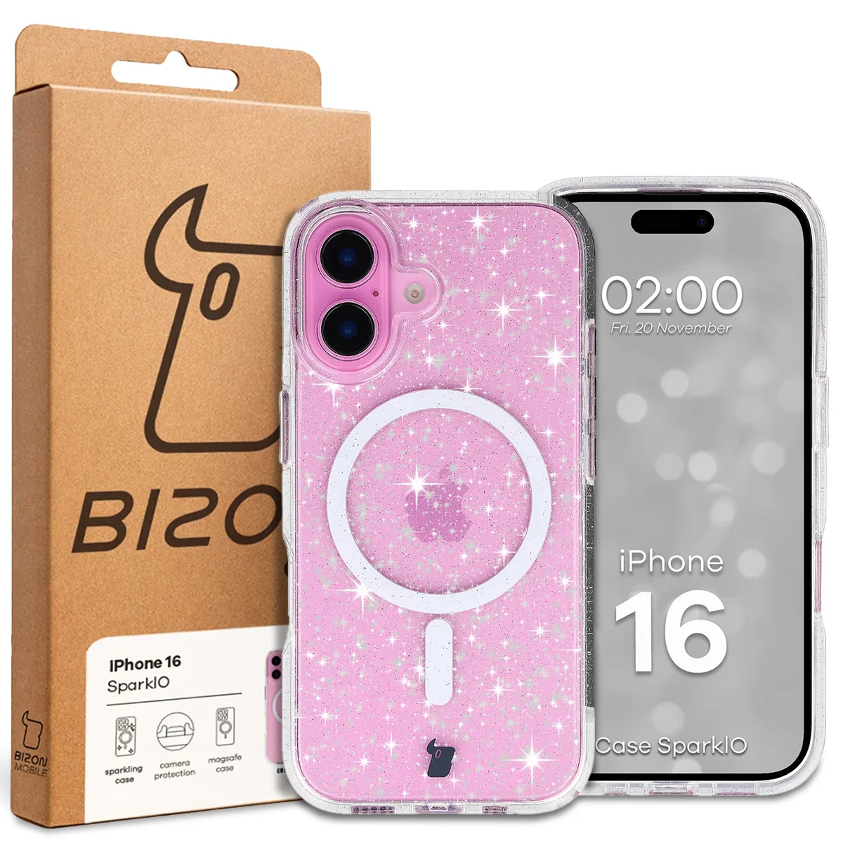 Glitzer Hülle mit Magnetring für iPhone 16, Bizon Case SparklO, Transparent mit Glitzer