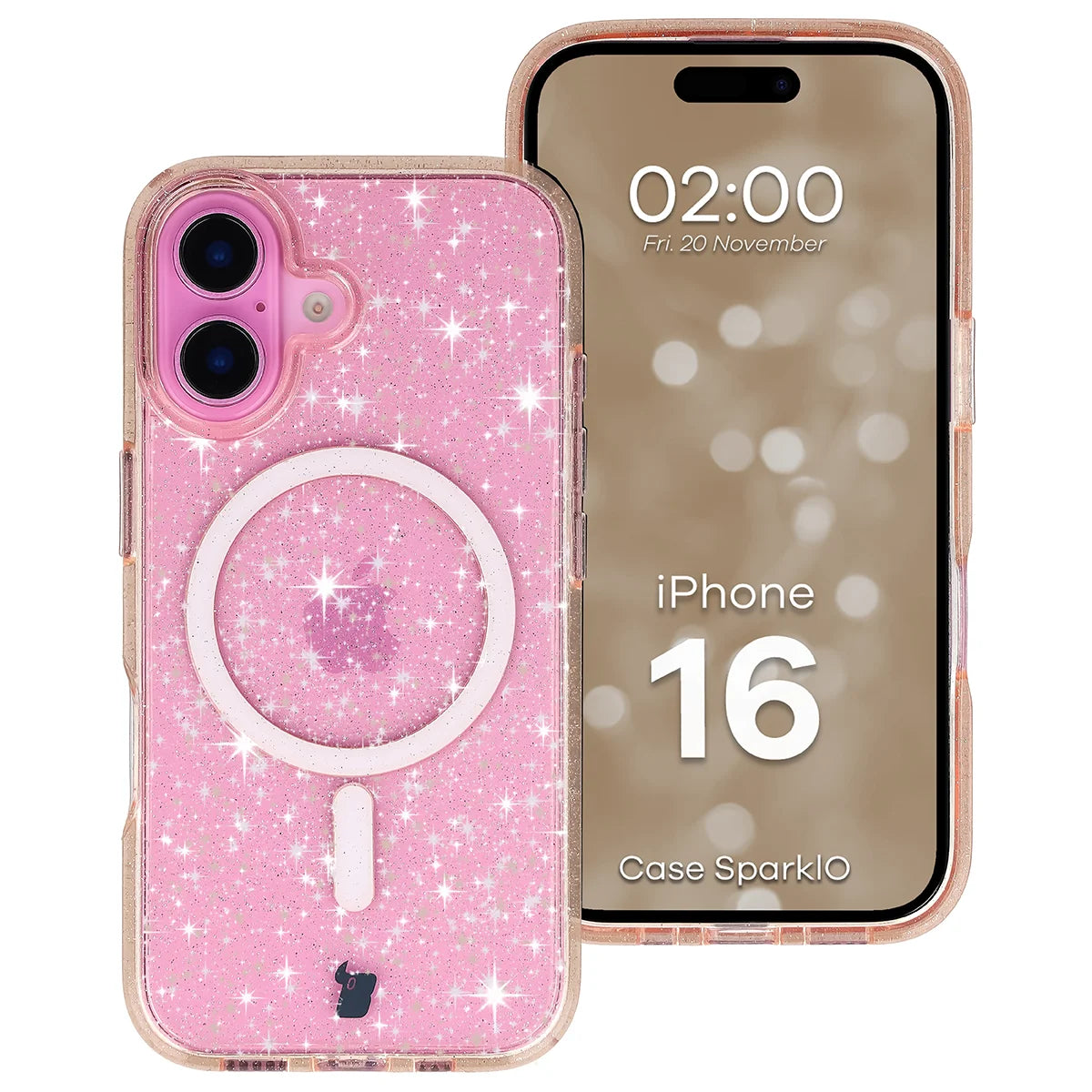 Glitzer Hülle mit Magnetring für iPhone 16, Bizon Case SparklO, Transparent-Hellorange mit Glitzer
