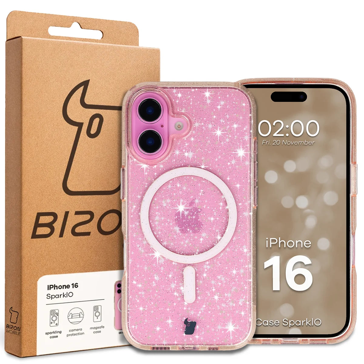 Glitzer Hülle mit Magnetring für iPhone 16, Bizon Case SparklO, Transparent-Hellorange mit Glitzer