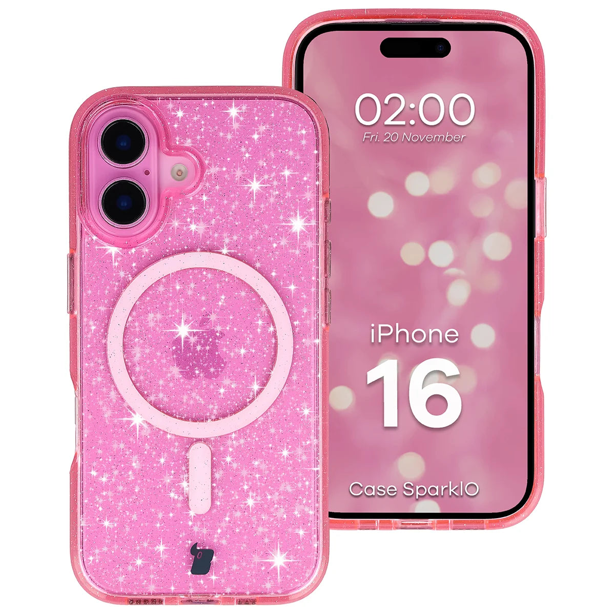 Glitzer Hülle mit Magnetring für iPhone 16, Bizon Case SparklO, Transparent-Rosa mit Glitzer