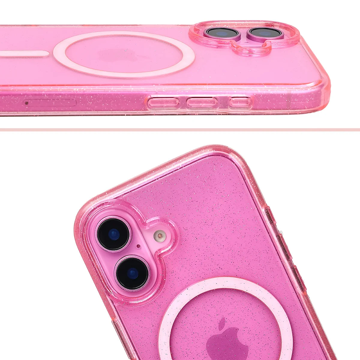 Glitzer Hülle mit Magnetring für iPhone 16, Bizon Case SparklO, Transparent-Rosa mit Glitzer