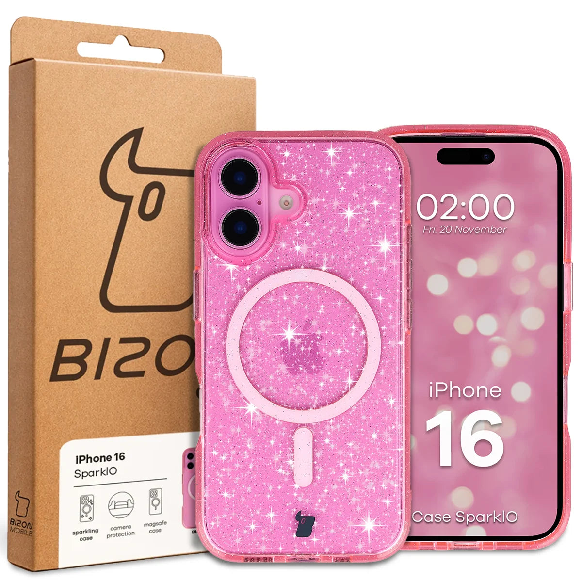 Glitzer Hülle mit Magnetring für iPhone 16, Bizon Case SparklO, Transparent-Rosa mit Glitzer