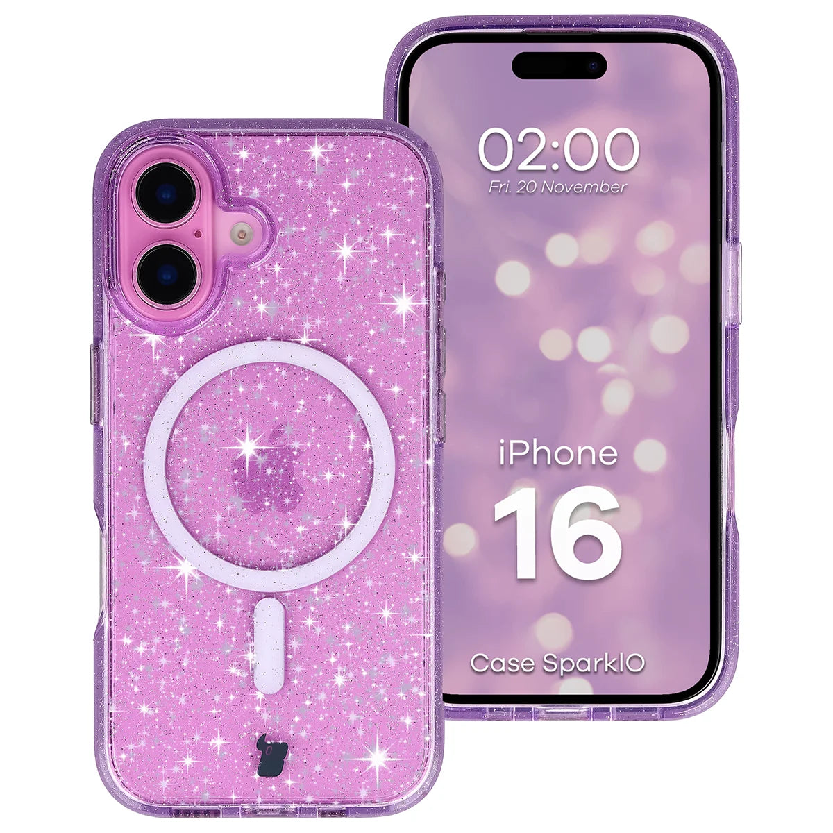 Glitzer Hülle mit Magnetring für iPhone 16, Bizon Case SparklO, Transparent-Violet mit Glitzer