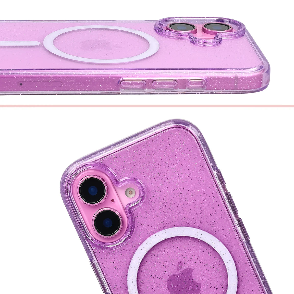 Glitzer Hülle mit Magnetring für iPhone 16, Bizon Case SparklO, Transparent-Violet mit Glitzer