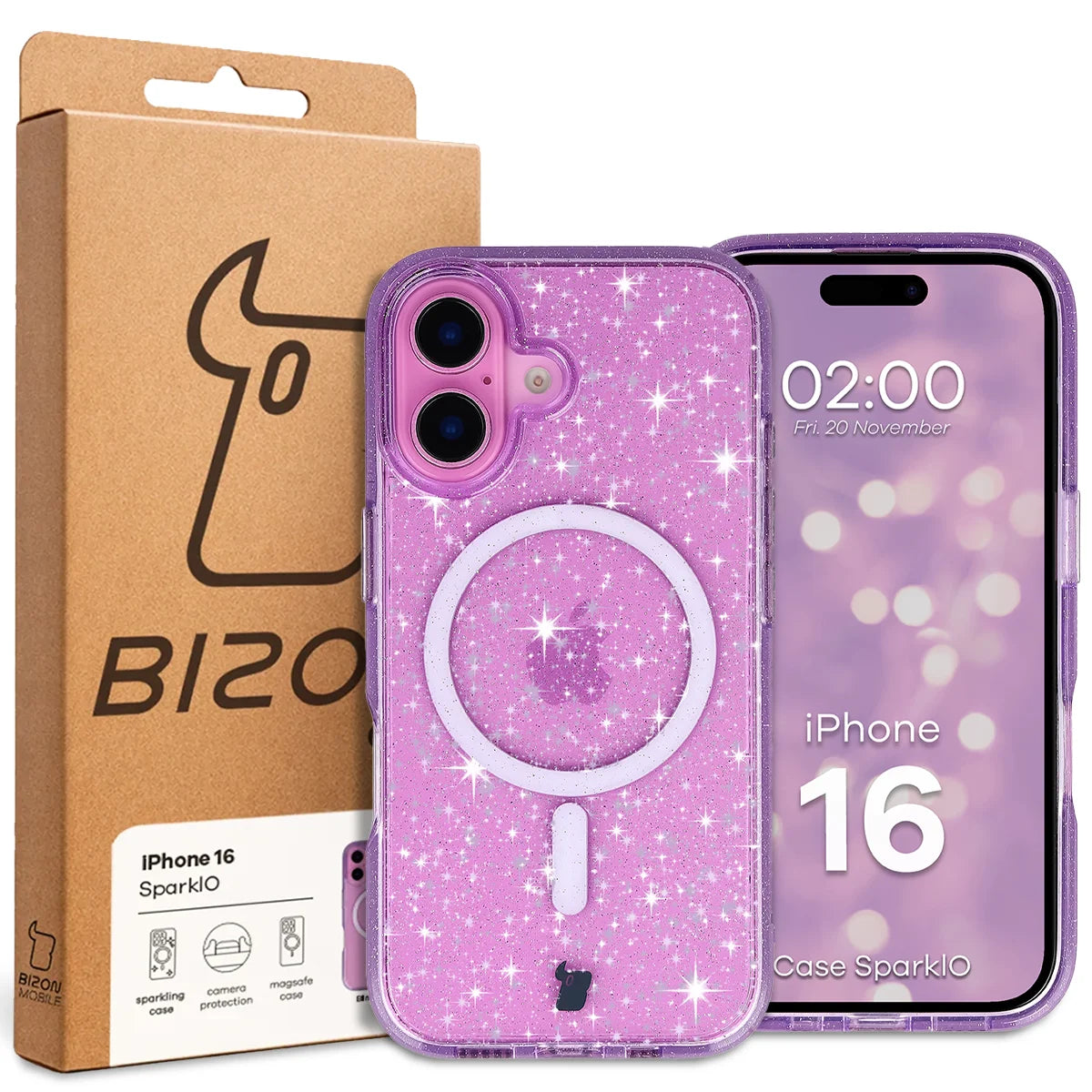 Glitzer Hülle mit Magnetring für iPhone 16, Bizon Case SparklO, Transparent-Violet mit Glitzer