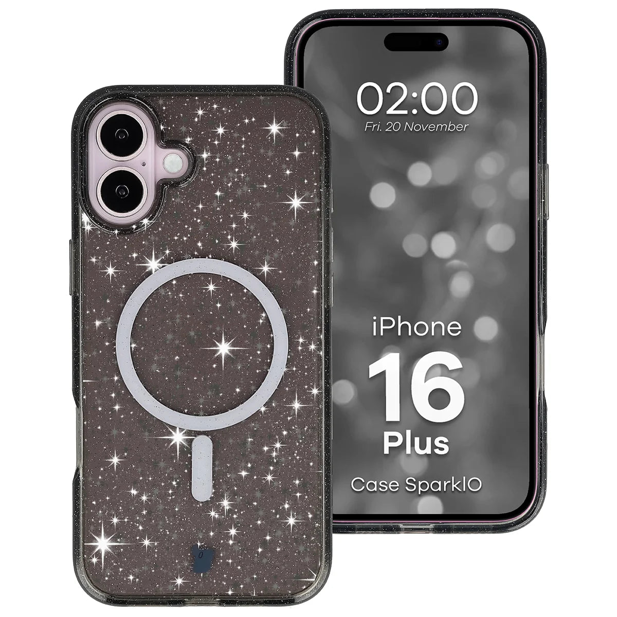 Glitzer Hülle mit Magnetring für iPhone 16 Plus, Bizon Case SparklO, Transparent-Schwarz mit Glitzer