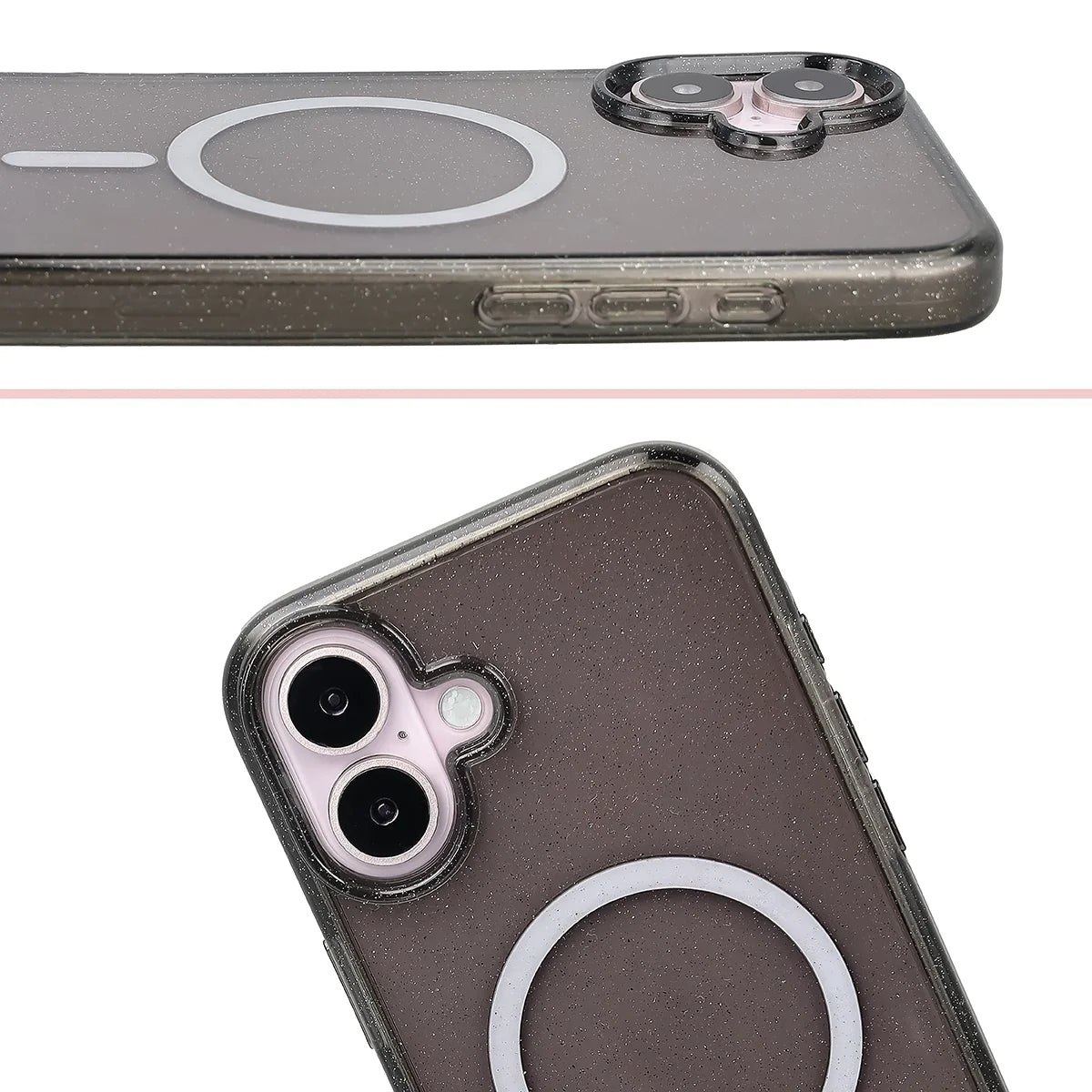 Glitzer Hülle mit Magnetring für iPhone 16 Plus, Bizon Case SparklO, Transparent-Schwarz mit Glitzer