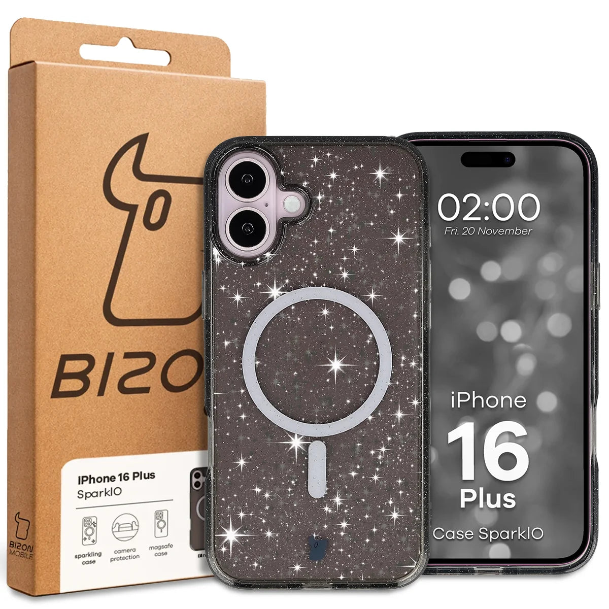 Glitzer Hülle mit Magnetring für iPhone 16 Plus, Bizon Case SparklO, Transparent-Schwarz mit Glitzer
