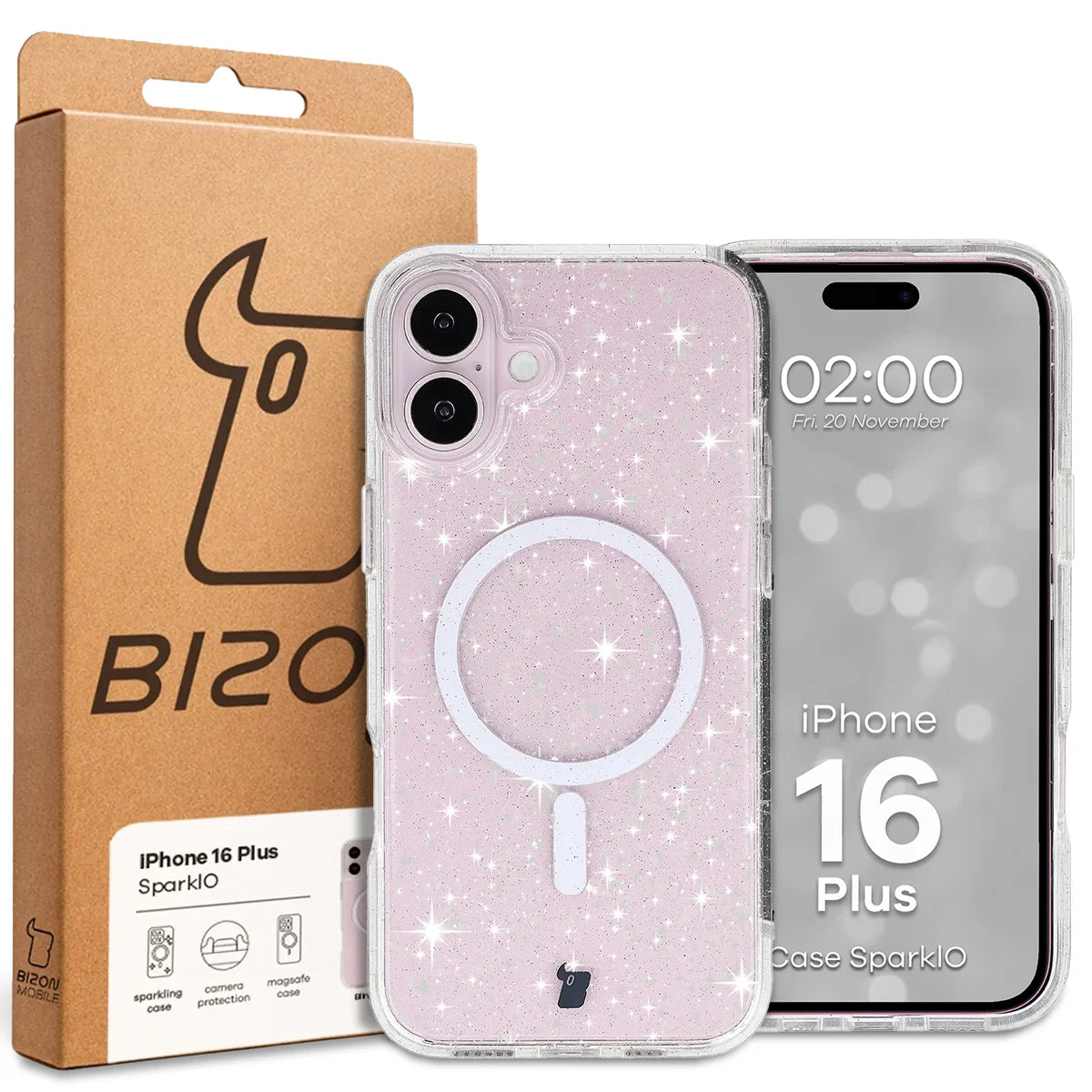 Glitzer Hülle mit Magnetring für iPhone 16 Plus, Bizon Case SparklO, Transparent mit Glitzer