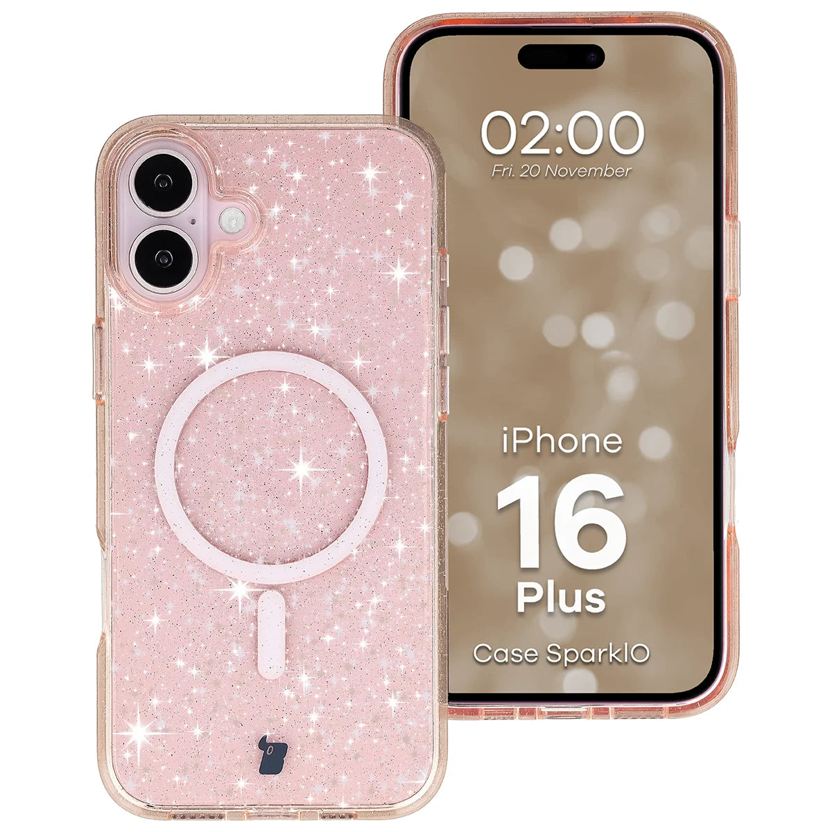 Glitzer Hülle mit Magnetring für iPhone 16 Plus, Bizon Case SparklO, Transparent-Hellorange mit Glitzer