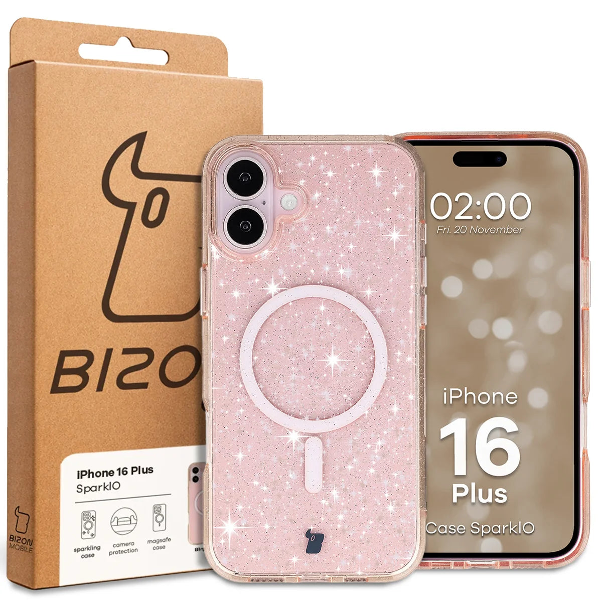 Glitzer Hülle mit Magnetring für iPhone 16 Plus, Bizon Case SparklO, Transparent-Hellorange mit Glitzer