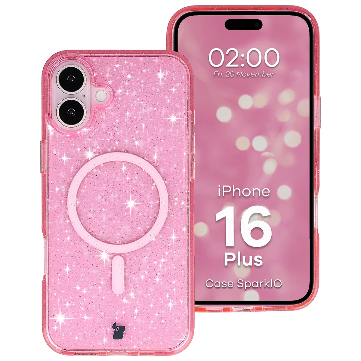 Glitzer Hülle mit Magnetring für iPhone 16 Plus, Bizon Case SparklO, Transparent-Rosa mit Glitzer