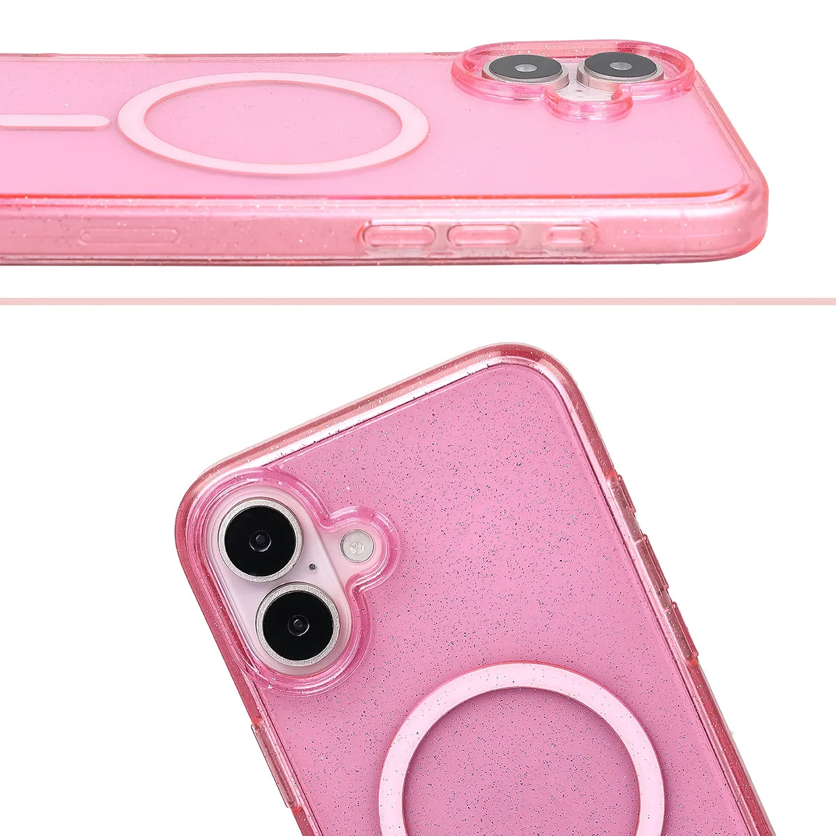Glitzer Hülle mit Magnetring für iPhone 16 Plus, Bizon Case SparklO, Transparent-Rosa mit Glitzer