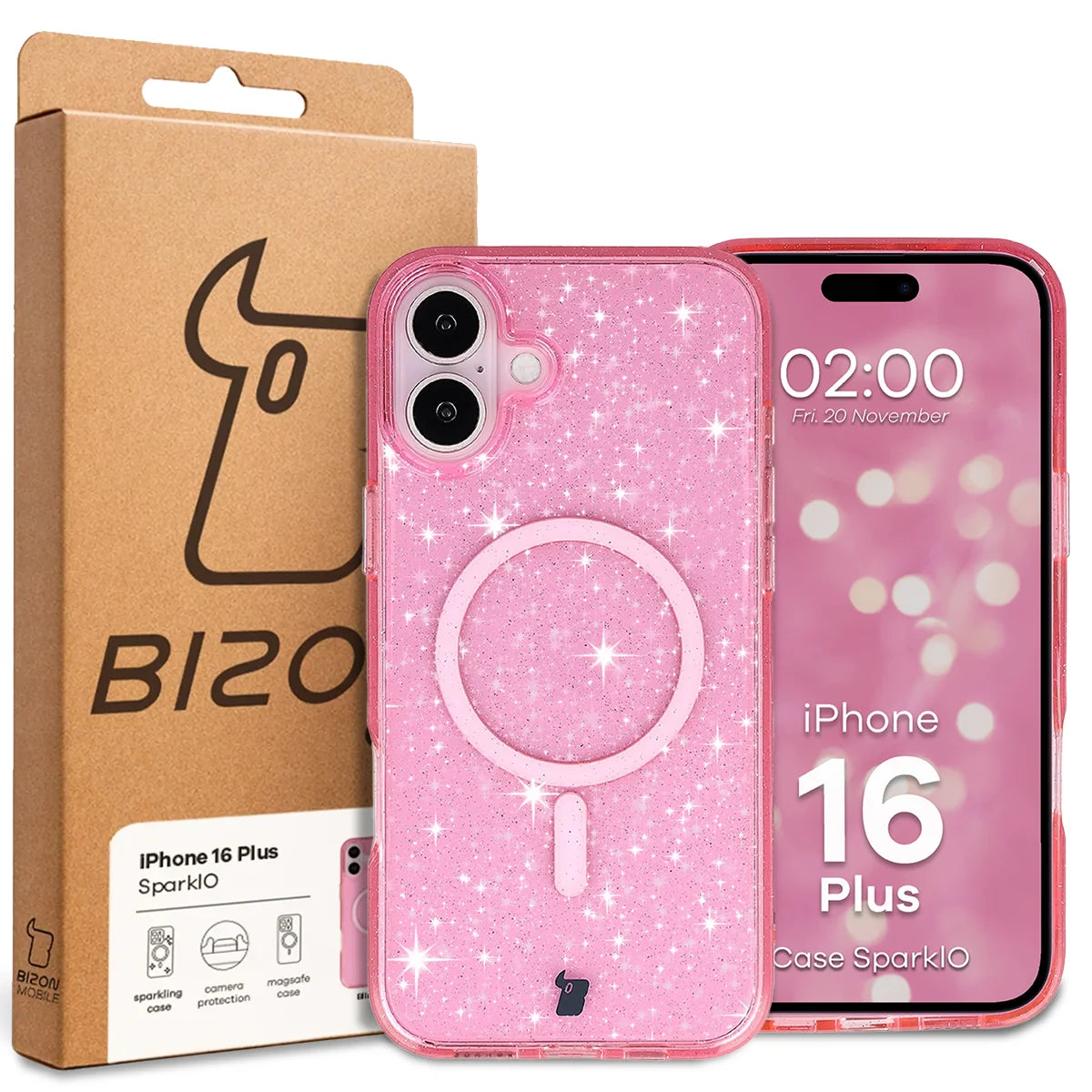 Glitzer Hülle mit Magnetring für iPhone 16 Plus, Bizon Case SparklO, Transparent-Rosa mit Glitzer
