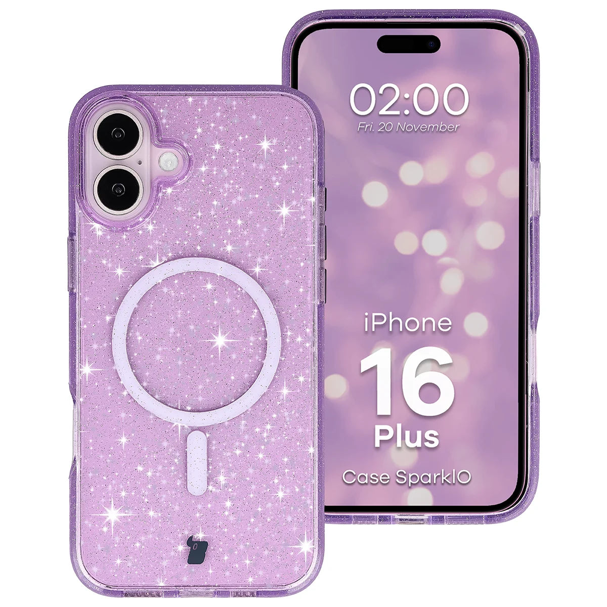 Glitzer Hülle mit Magnetring für iPhone 16 Plus, Bizon Case SparklO, Transparent-Violet mit Glitzer