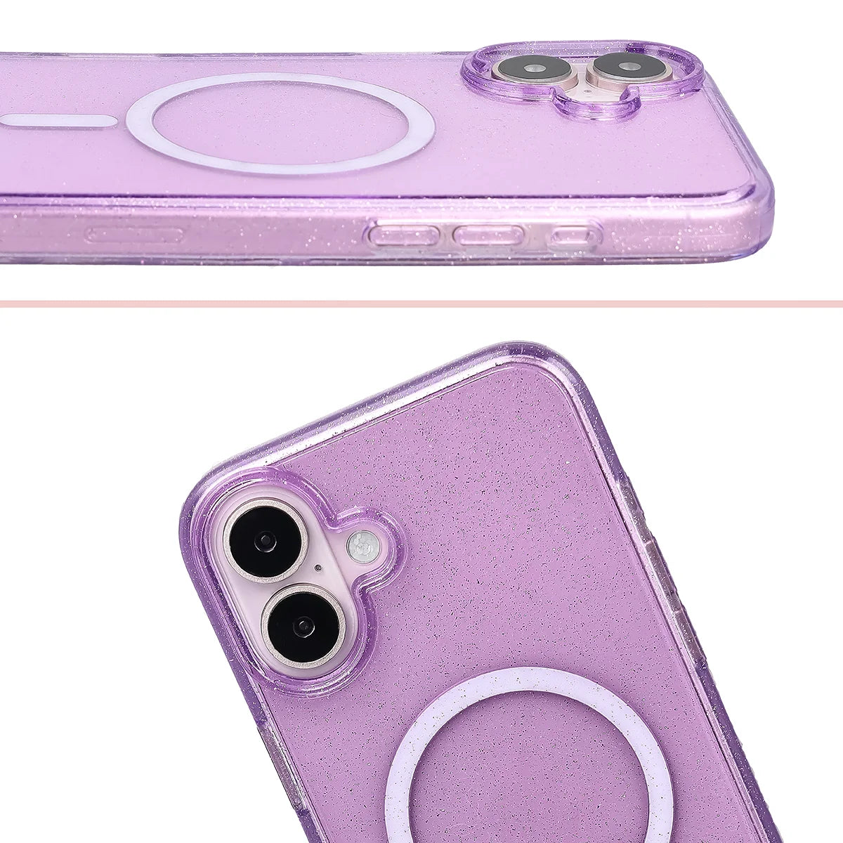 Glitzer Hülle mit Magnetring für iPhone 16 Plus, Bizon Case SparklO, Transparent-Violet mit Glitzer