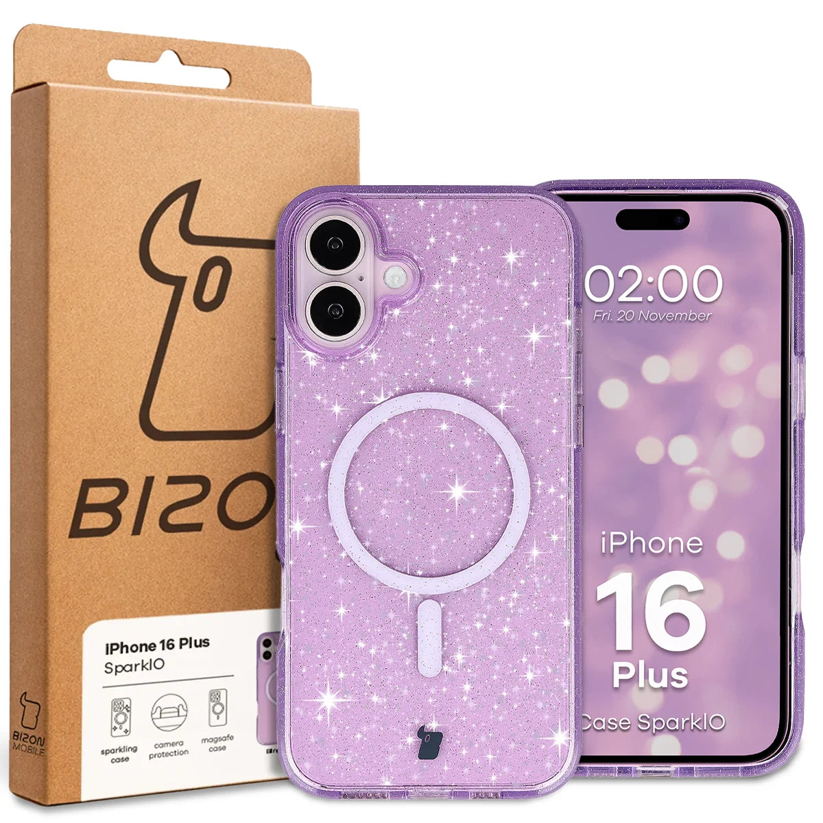 Glitzer Hülle mit Magnetring für iPhone 16 Plus, Bizon Case SparklO, Transparent-Violet mit Glitzer