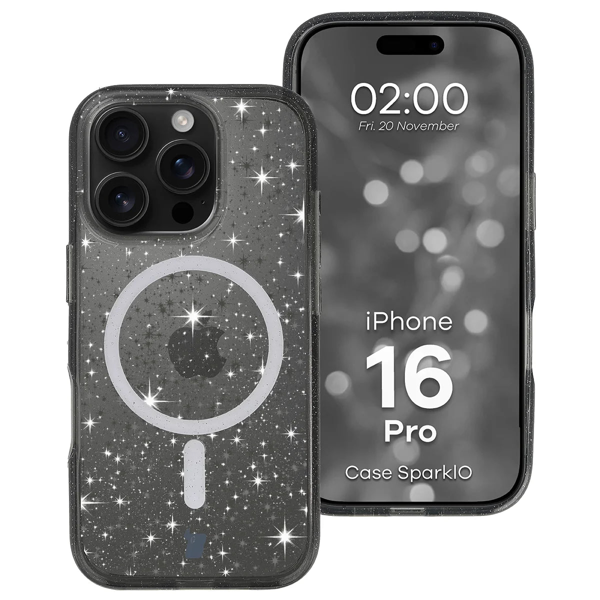 Glitzer Hülle mit Magnetring für iPhone 16 Pro, Bizon Case SparklO, Transparent-Schwarz mit Glitzer