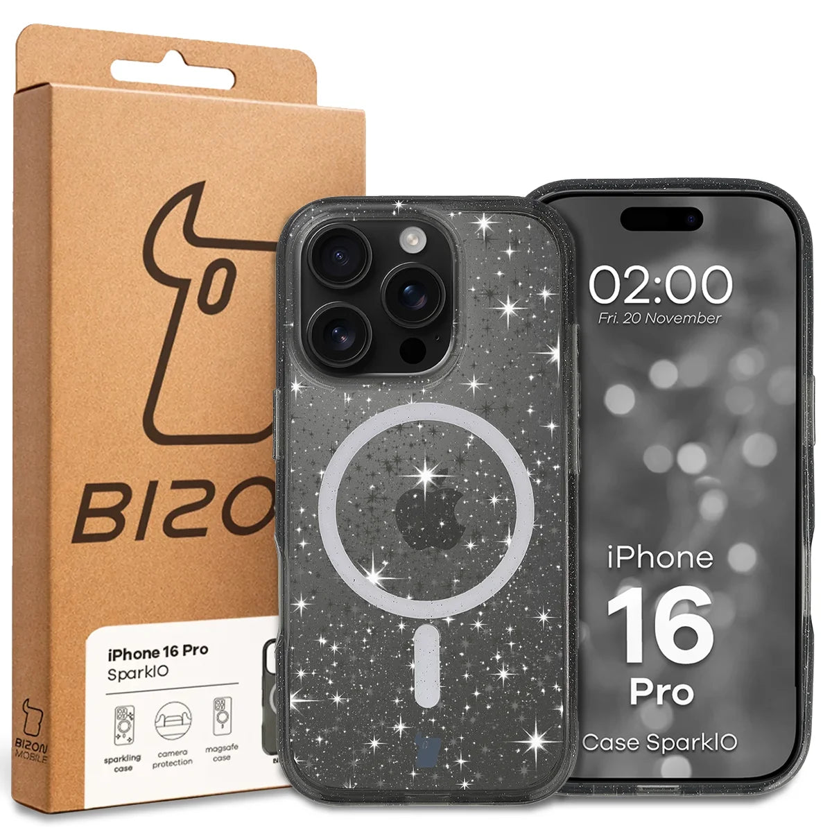 Glitzer Hülle mit Magnetring für iPhone 16 Pro, Bizon Case SparklO, Transparent-Schwarz mit Glitzer