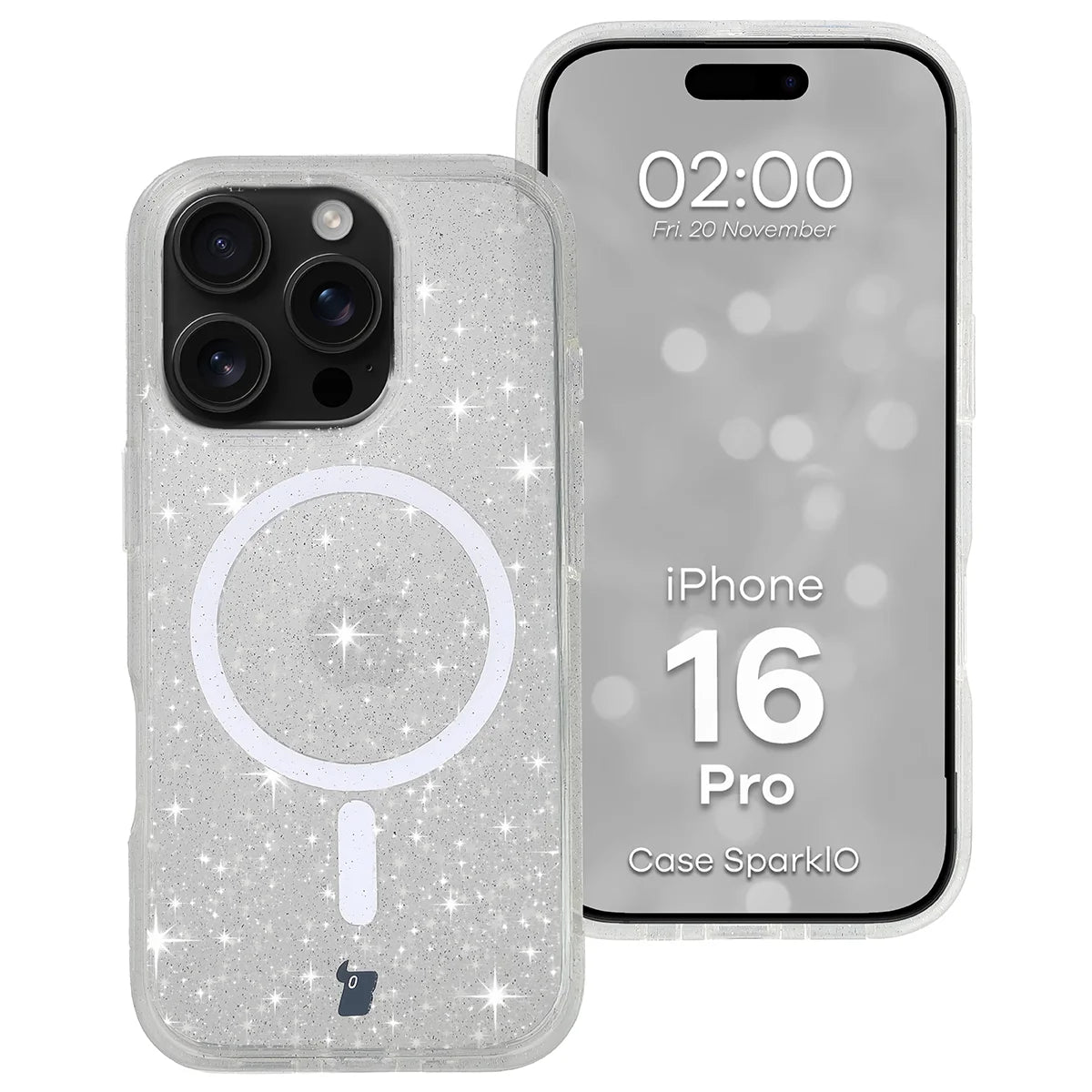 Glitzer Hülle mit Magnetring für iPhone 16 Pro, Bizon Case SparklO, Transparent mit Glitzer