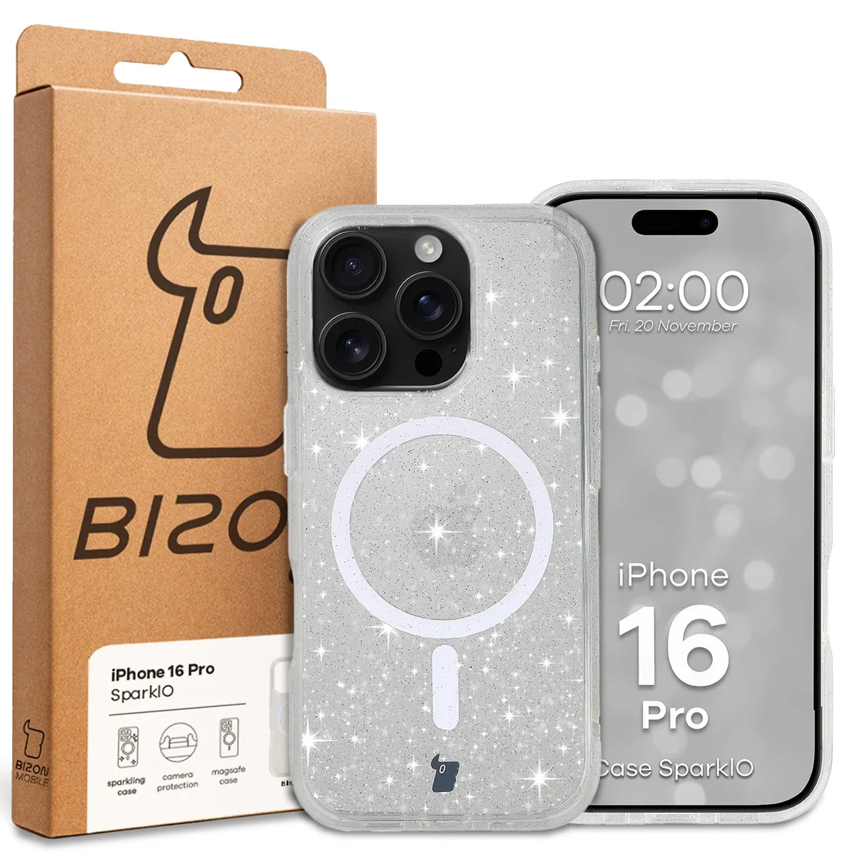 Glitzer Hülle mit Magnetring für iPhone 16 Pro, Bizon Case SparklO, Transparent mit Glitzer