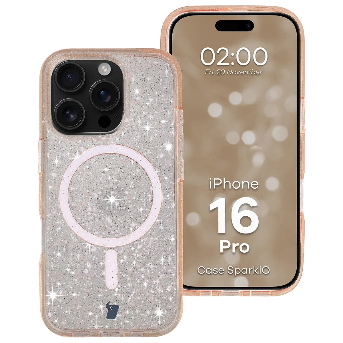 Glitzer Hülle mit Magnetring für iPhone 16 Pro, Bizon Case SparklO, Transparent-Hellorange mit Glitzer