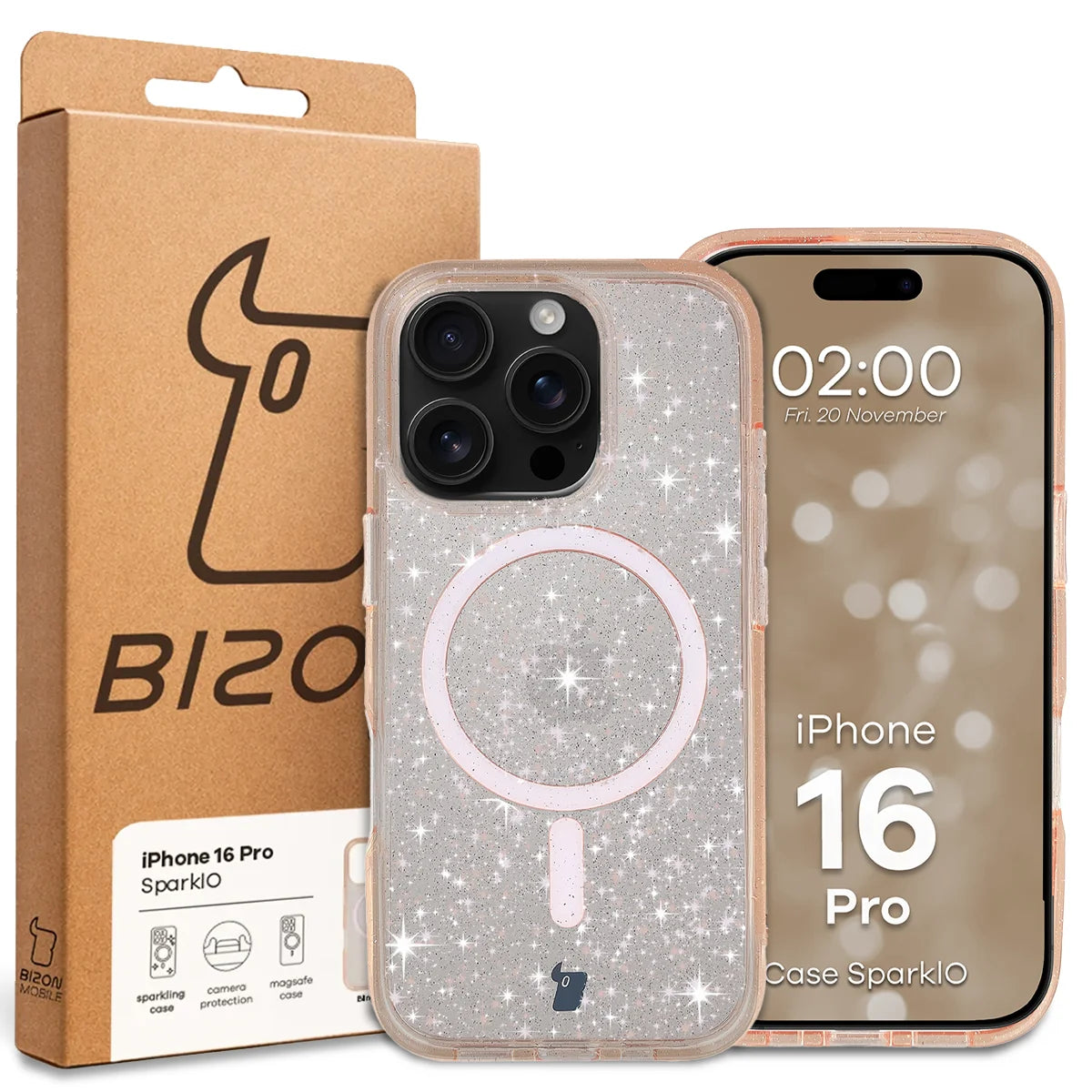 Glitzer Hülle mit Magnetring für iPhone 16 Pro, Bizon Case SparklO, Transparent-Hellorange mit Glitzer