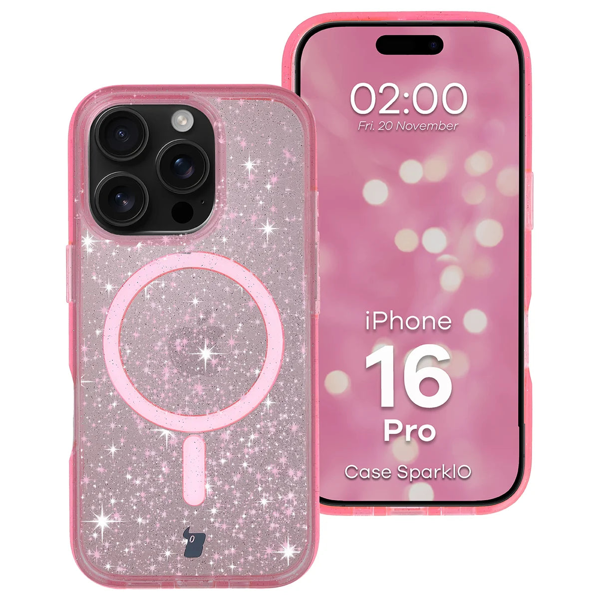 Glitzer Hülle mit Magnetring für iPhone 16 Pro, Bizon Case SparklO, Transparent-Rosa mit Glitzer