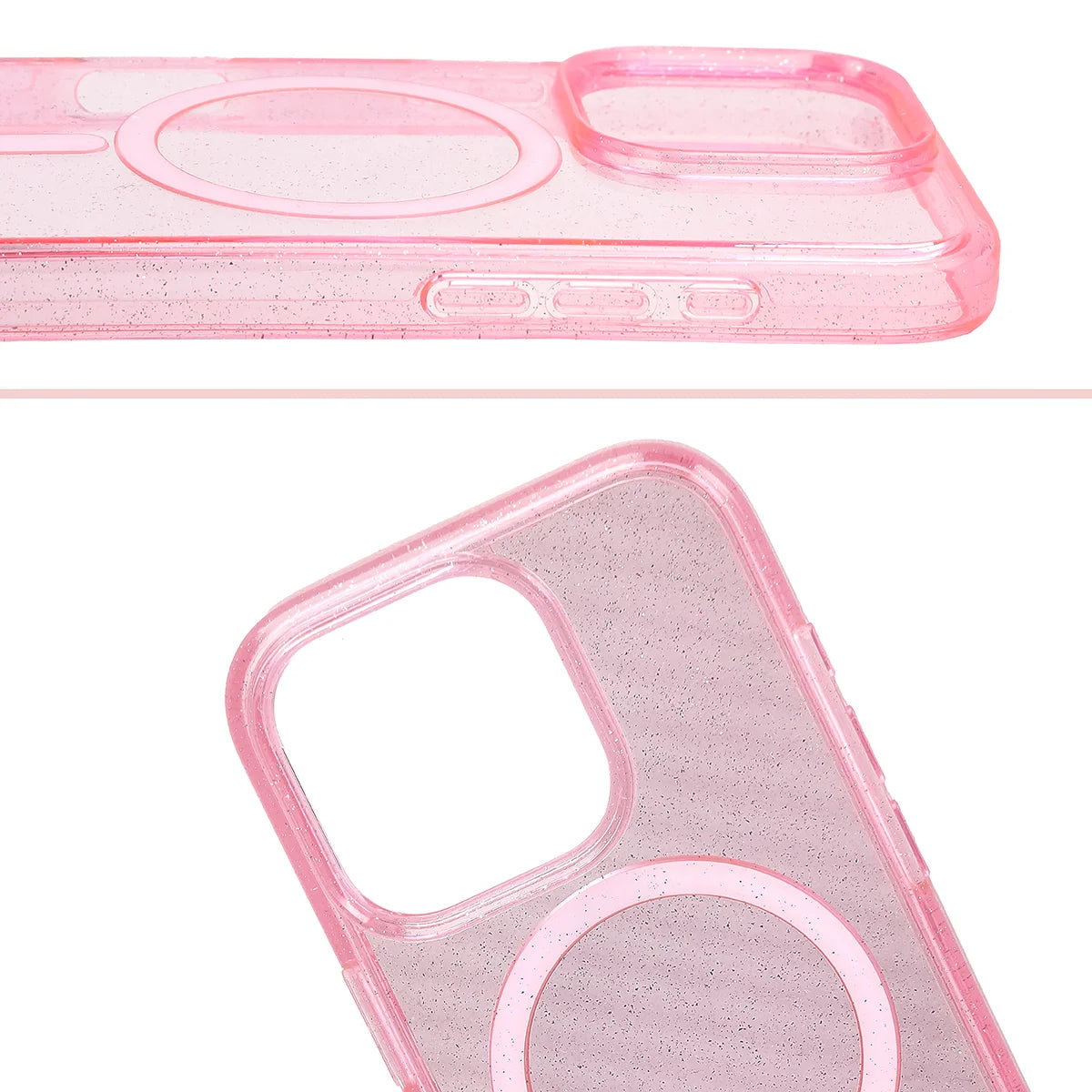 Glitzer Hülle mit Magnetring für iPhone 16 Pro, Bizon Case SparklO, Transparent-Rosa mit Glitzer
