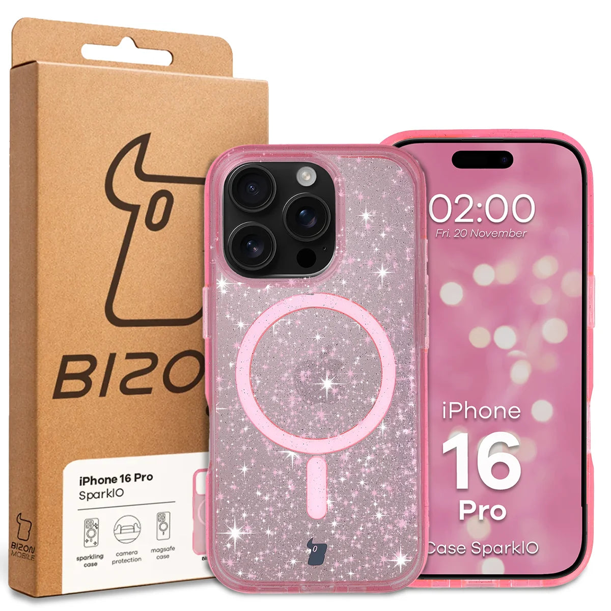Glitzer Hülle mit Magnetring für iPhone 16 Pro, Bizon Case SparklO, Transparent-Rosa mit Glitzer