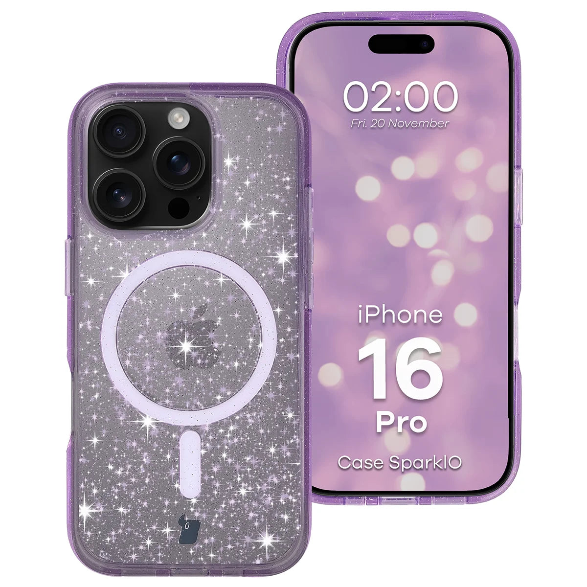 Glitzer Hülle mit Magnetring für iPhone 16 Pro, Bizon Case SparklO, Transparent-Violet mit Glitzer
