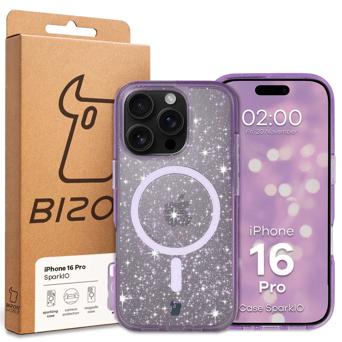 Glitzer Hülle mit Magnetring für iPhone 16 Pro, Bizon Case SparklO, Transparent-Violet mit Glitzer