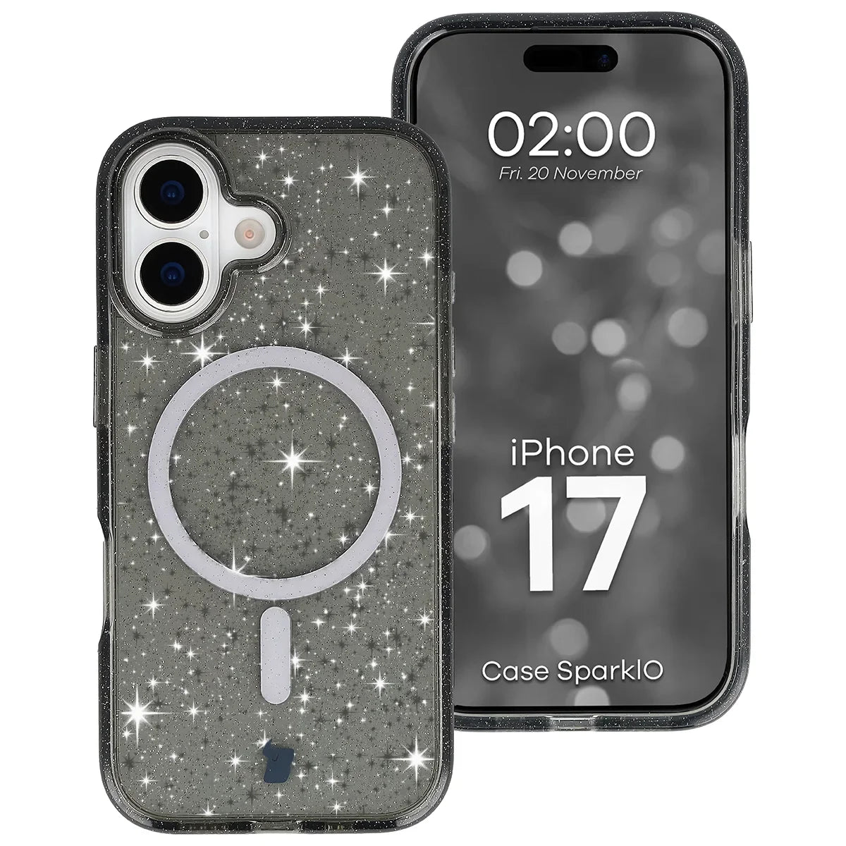 Glitzer Hülle mit Magnetring für iPhone 17, Bizon Case SparklO, Transparent-Schwarz mit Glitzer