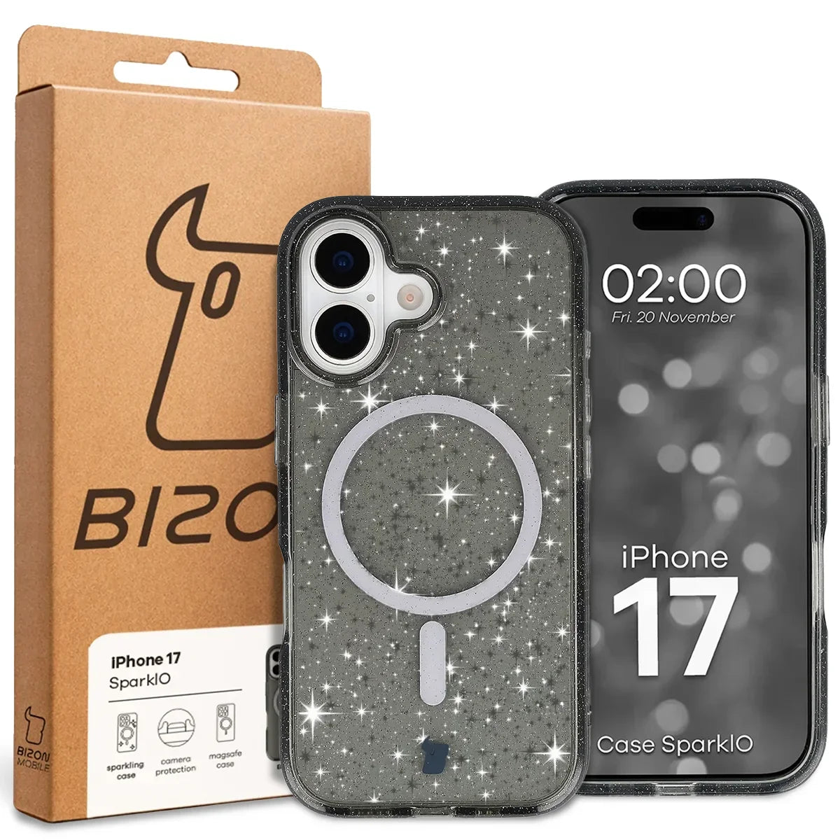 Glitzer Hülle mit Magnetring für iPhone 17, Bizon Case SparklO, Transparent-Schwarz mit Glitzer