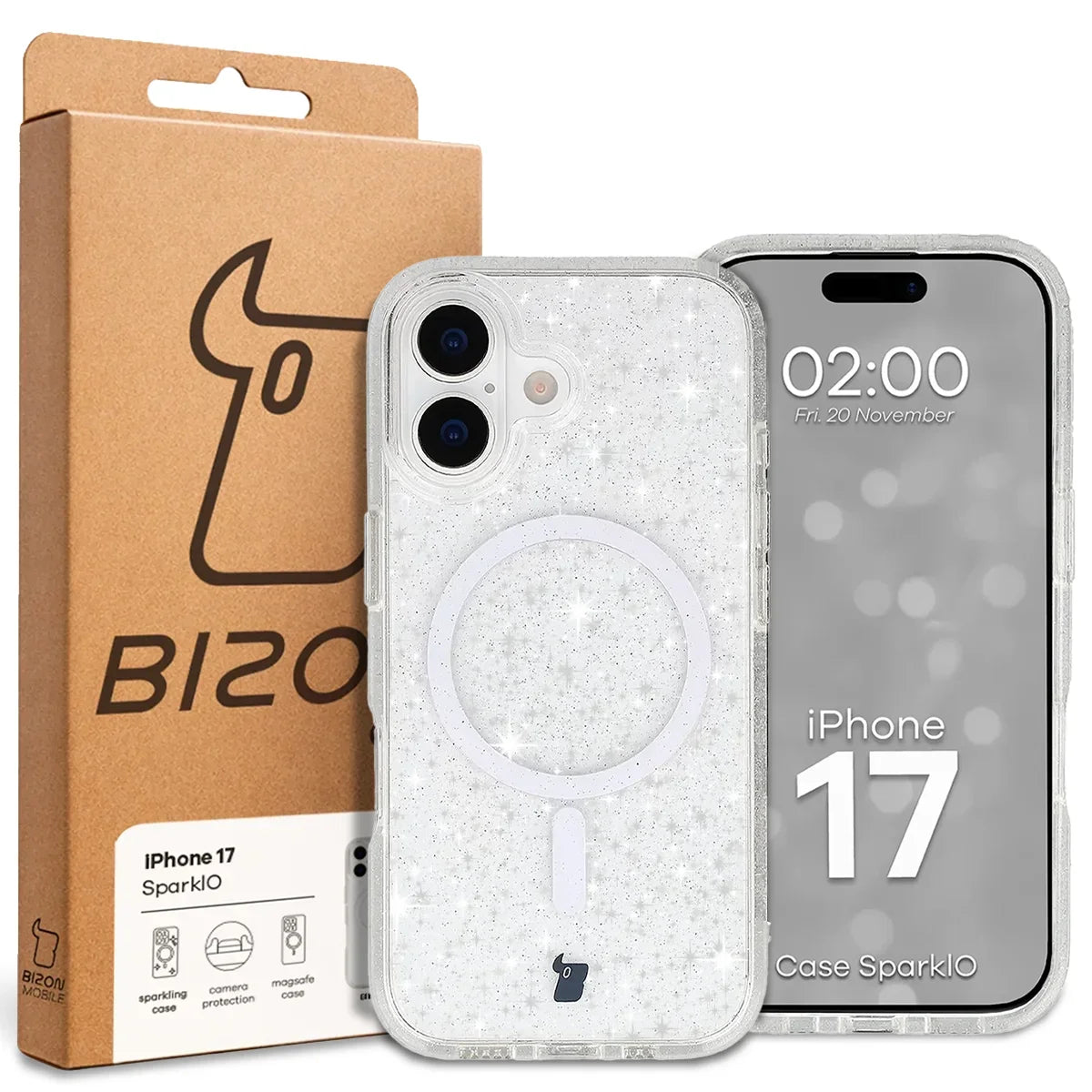Glitzer Hülle mit Magnetring für iPhone 17, Bizon Case SparklO, Transparent mit Glitzer