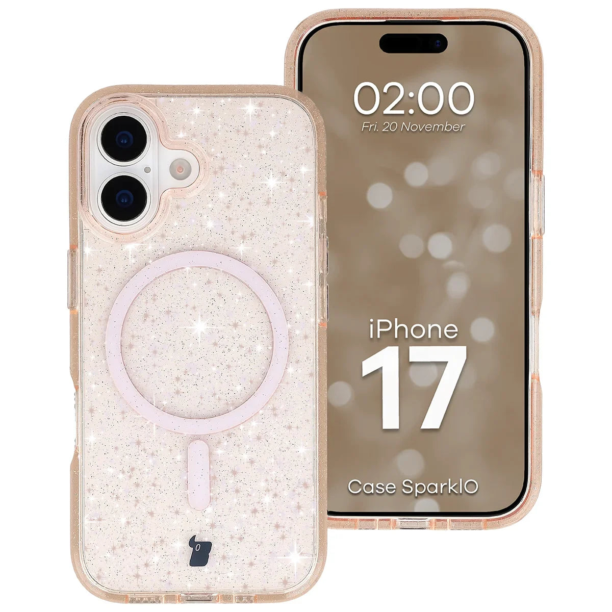 Glitzer Hülle mit Magnetring für iPhone 17, Bizon Case SparklO, Transparent-Hellorange mit Glitzer