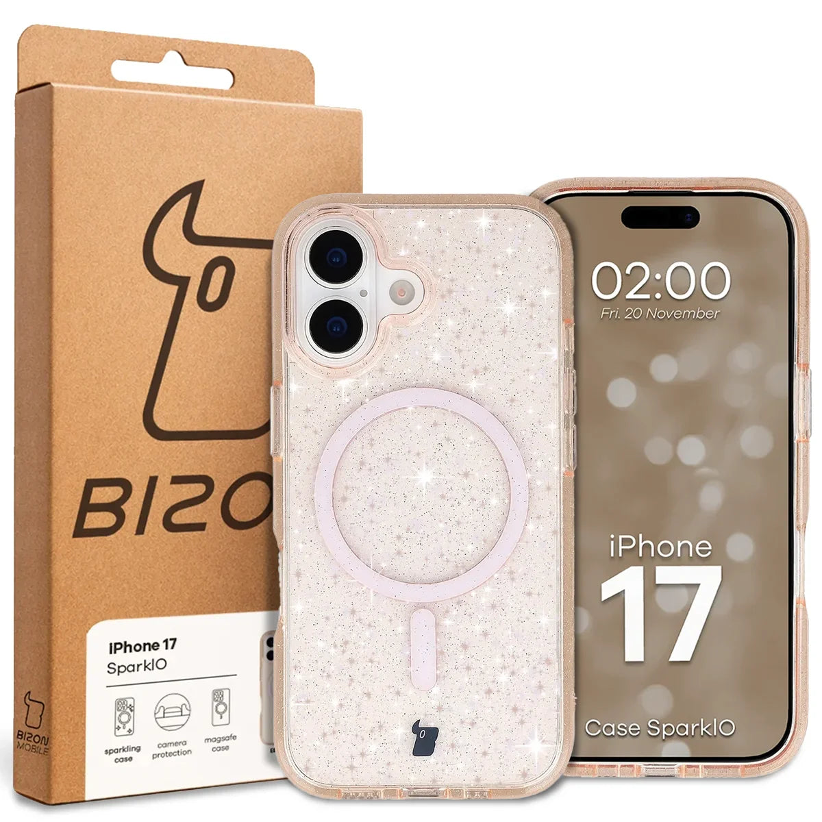 Glitzer Hülle mit Magnetring für iPhone 17, Bizon Case SparklO, Transparent-Hellorange mit Glitzer
