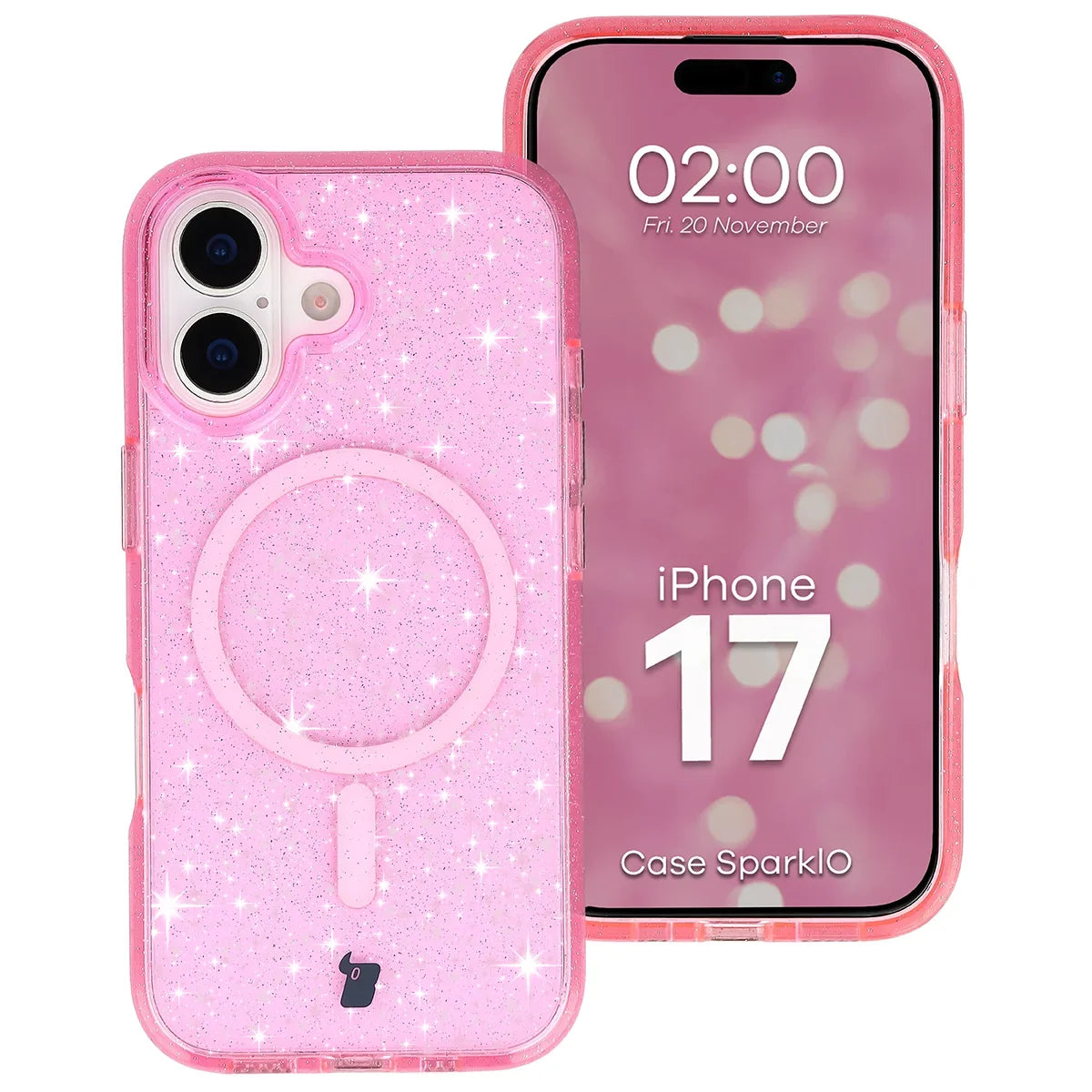 Glitzer Hülle mit Magnetring für iPhone 17, Bizon Case SparklO, Transparent-Rosa mit Glitzer