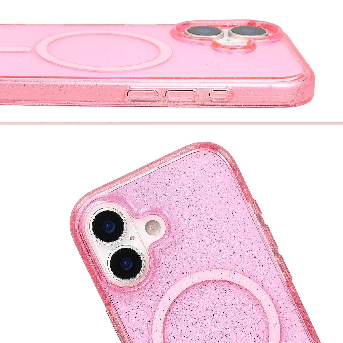 Glitzer Hülle mit Magnetring für iPhone 17, Bizon Case SparklO, Transparent-Rosa mit Glitzer
