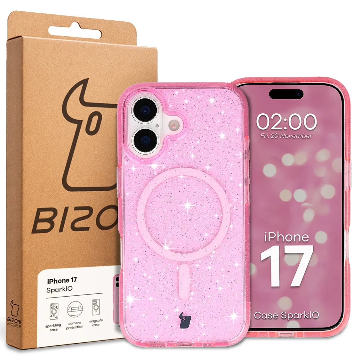 Glitzer Hülle mit Magnetring für iPhone 17, Bizon Case SparklO, Transparent-Rosa mit Glitzer