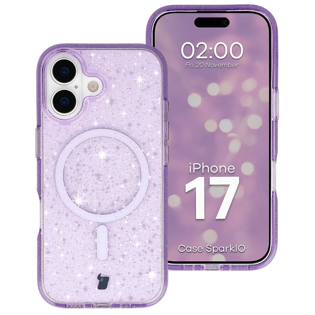 Glitzer Hülle mit Magnetring für iPhone 17, Bizon Case SparklO, Transparent-Violet mit Glitzer