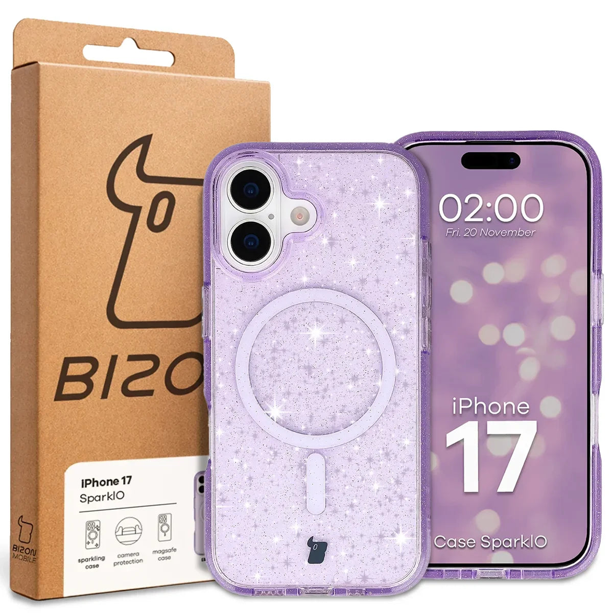Glitzer Hülle mit Magnetring für iPhone 17, Bizon Case SparklO, Transparent-Violet mit Glitzer