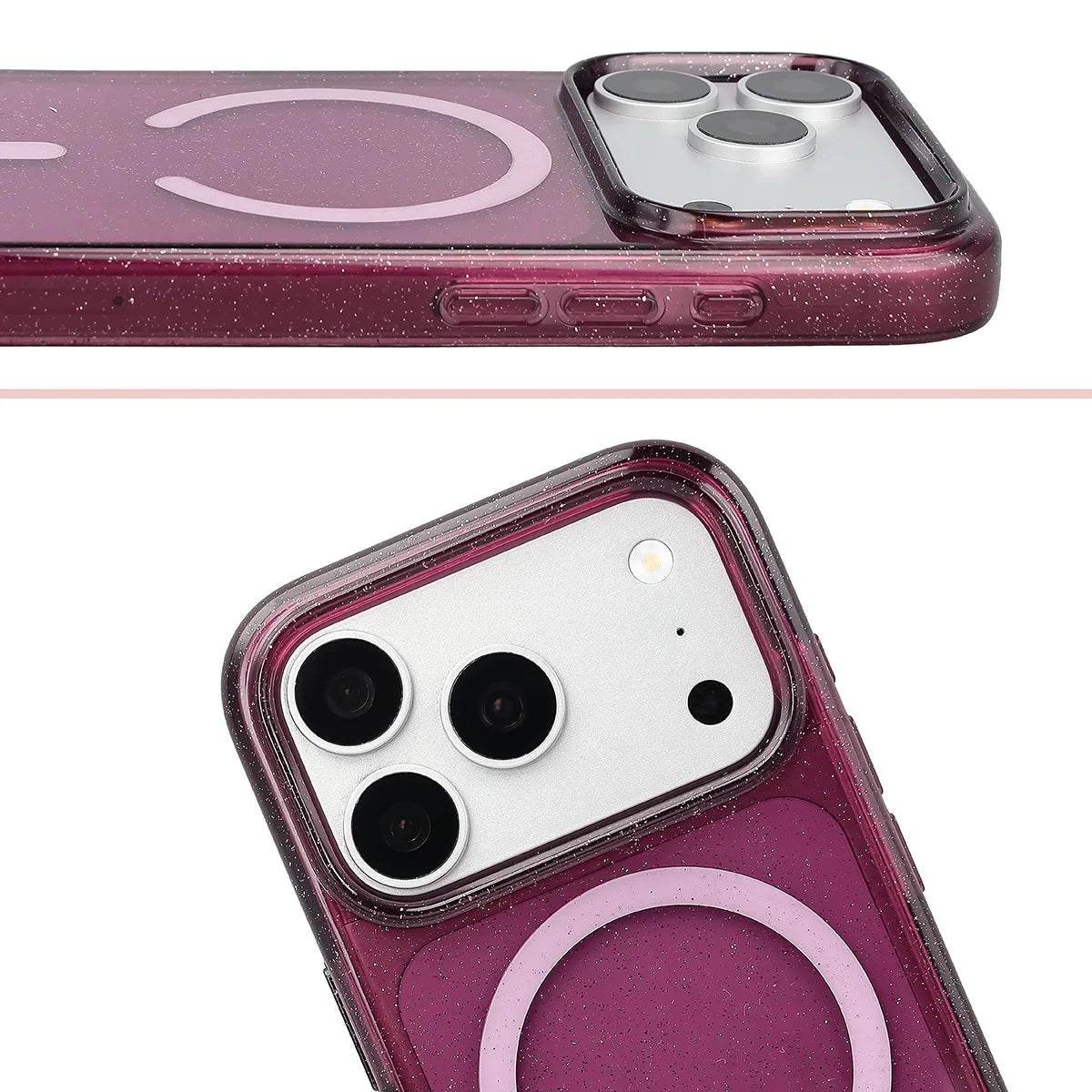 Glitzer Hülle mit Magnetring für iPhone 18 Pro / 17 Pro, Bizon Case SparklO, Transparent-Burgunderrot mit Glitzer (5/6)