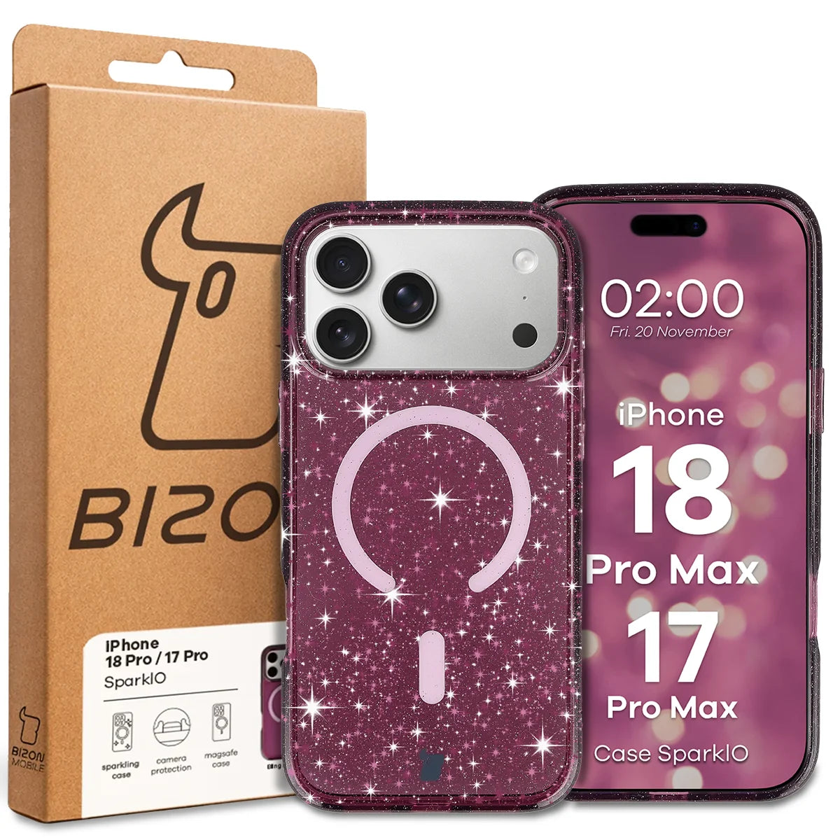 Glitzer Hülle mit Magnetring für iPhone 18 Pro Max / 17 Pro Max, Bizon Case SparklO, Transparent-Burgunderrot mit Glitzer (6/6)