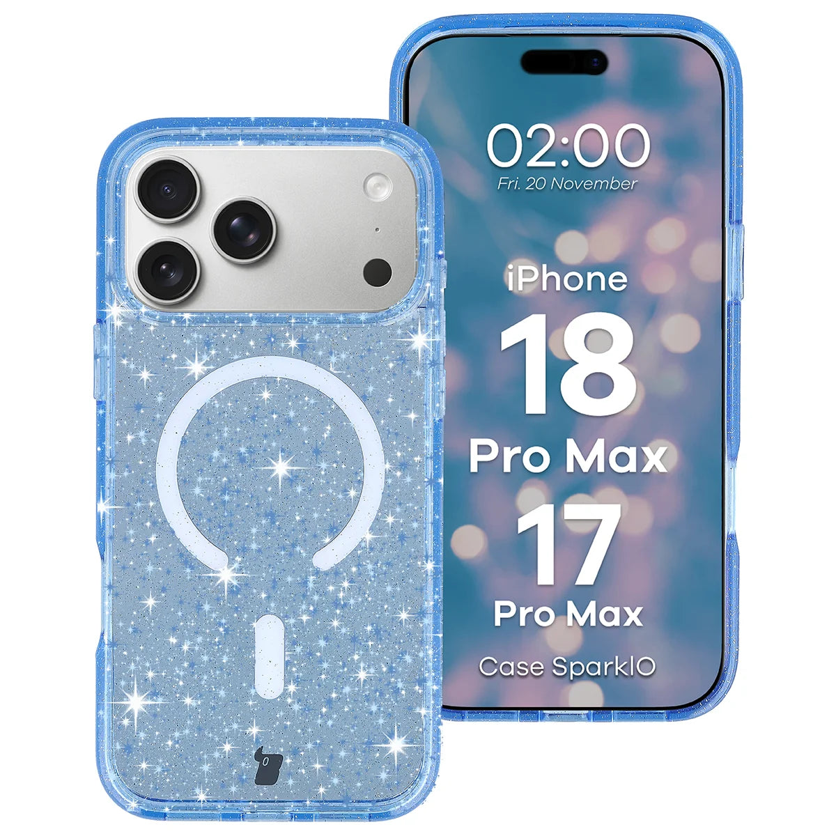 Glitzer Hülle mit Magnetring für iPhone 18 Pro Max / 17 Pro Max, Bizon Case SparklO, Transparent-Hellblau mit Glitzer (1/6)