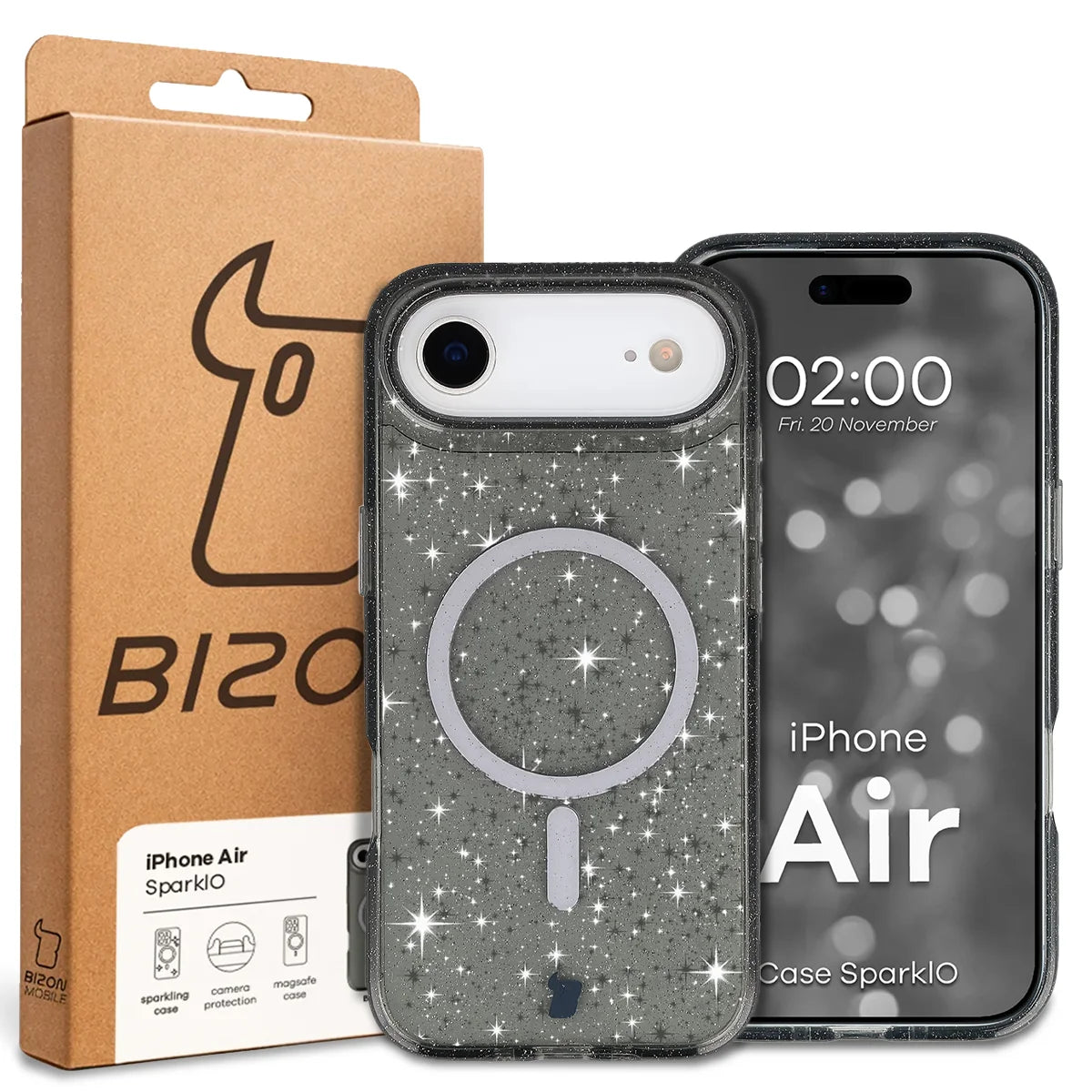 Glitzer Hülle mit Magnetring für iPhone Air, Bizon Case SparklO, Transparent-Schwarz mit Glitzer