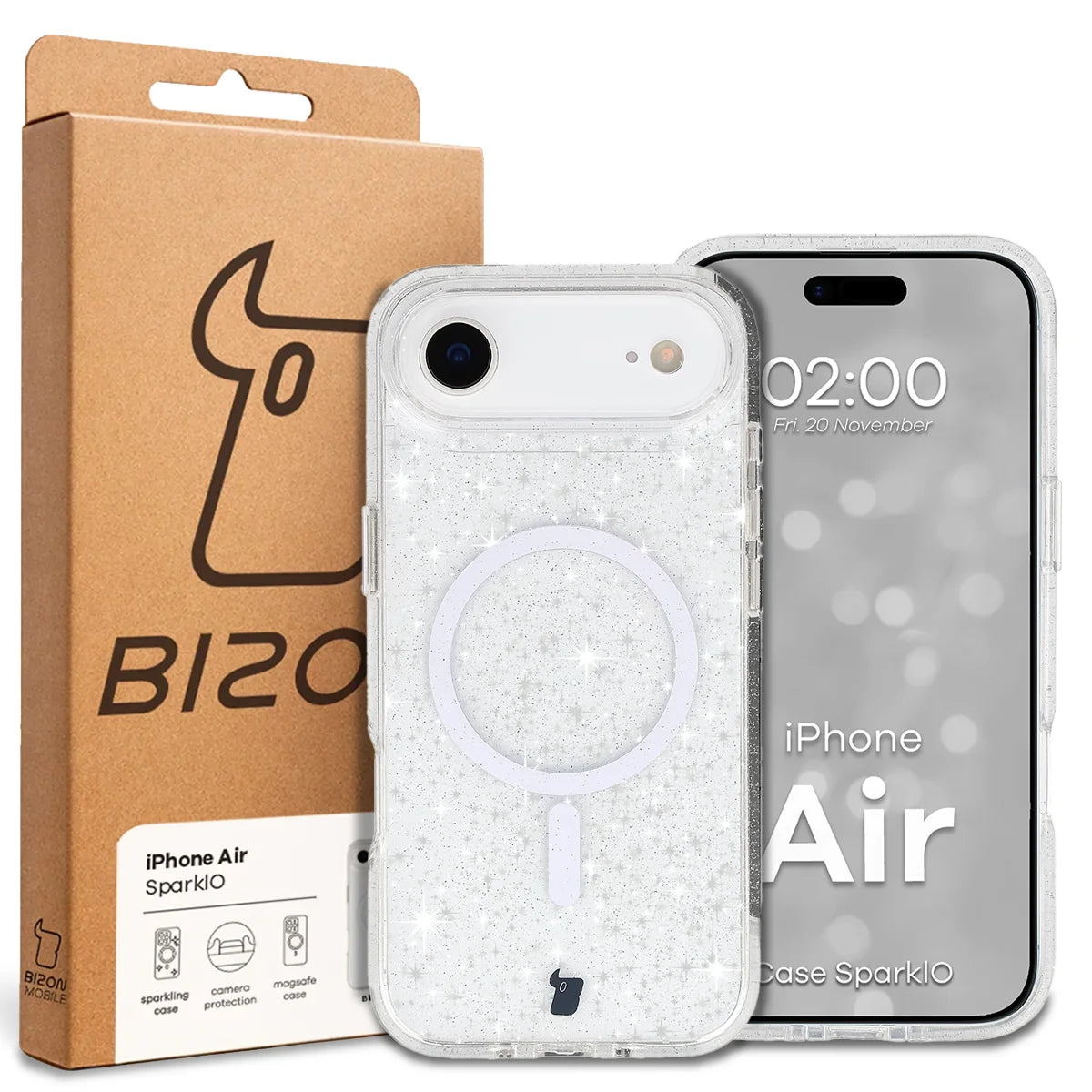 Glitzer Hülle mit Magnetring für iPhone Air, Bizon Case SparklO, Transparent mit Glitzer