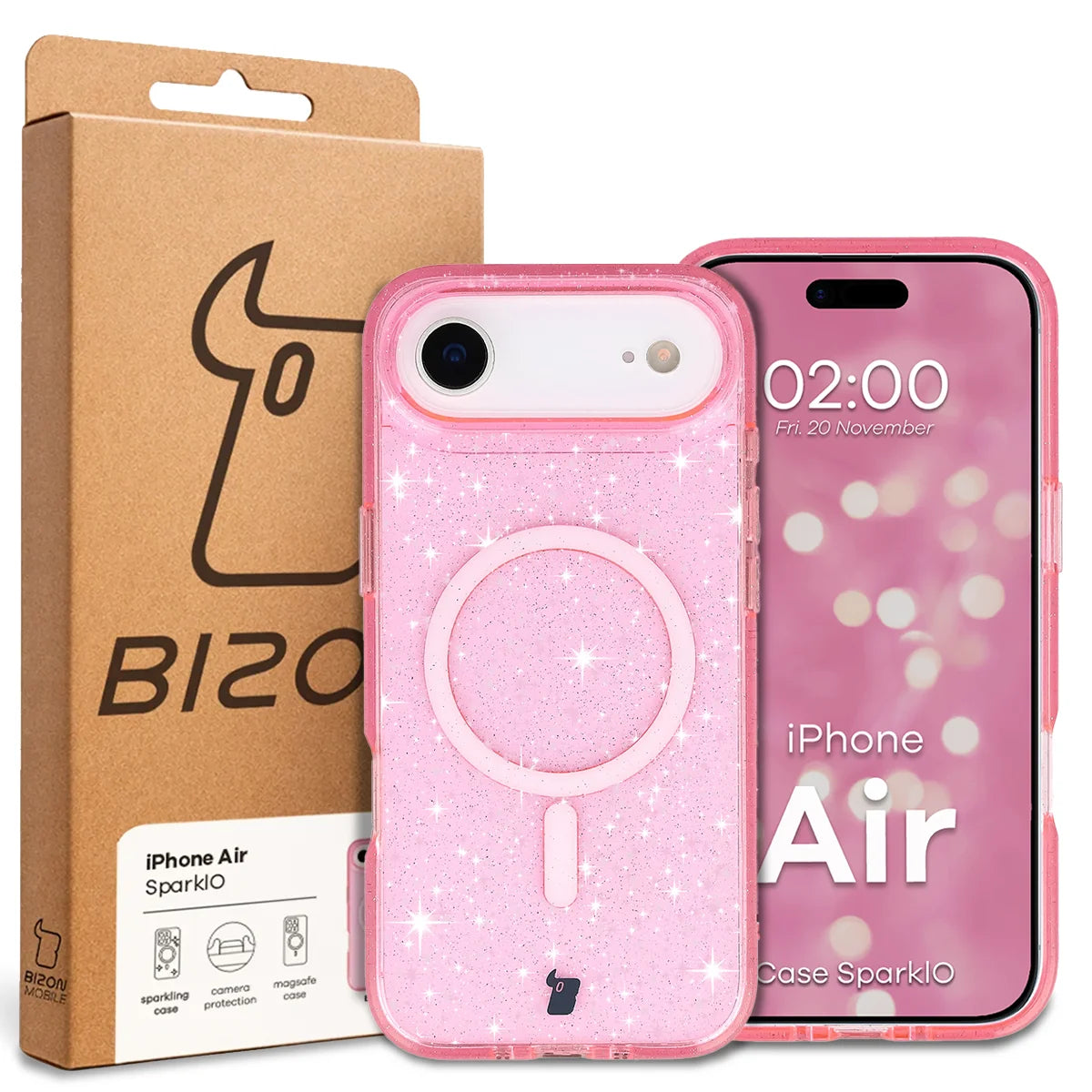 Glitzer Hülle mit Magnetring für iPhone Air, Bizon Case SparklO, Transparent-Rosa mit Glitzer