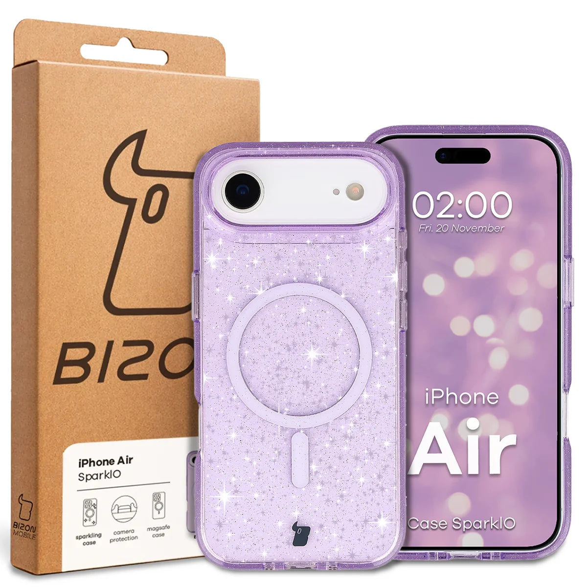 Glitzer Hülle mit Magnetring für iPhone Air, Bizon Case SparklO, Transparent-Violet mit Glitzer