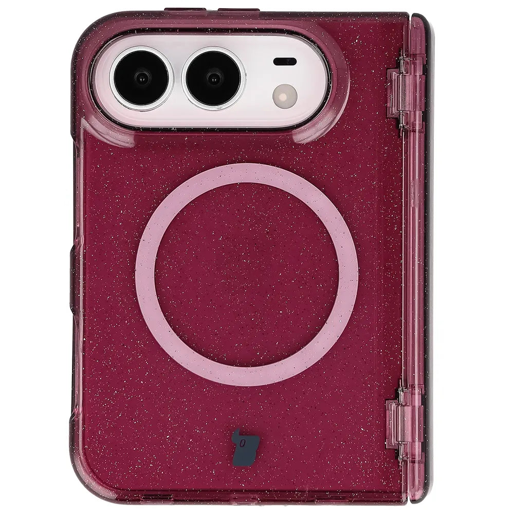 Glitzer Hülle mit Magnetring für iPhone Duo, Bizon Case SparklO, Transparent-Burgunderrot mit Glitzer (2/7)